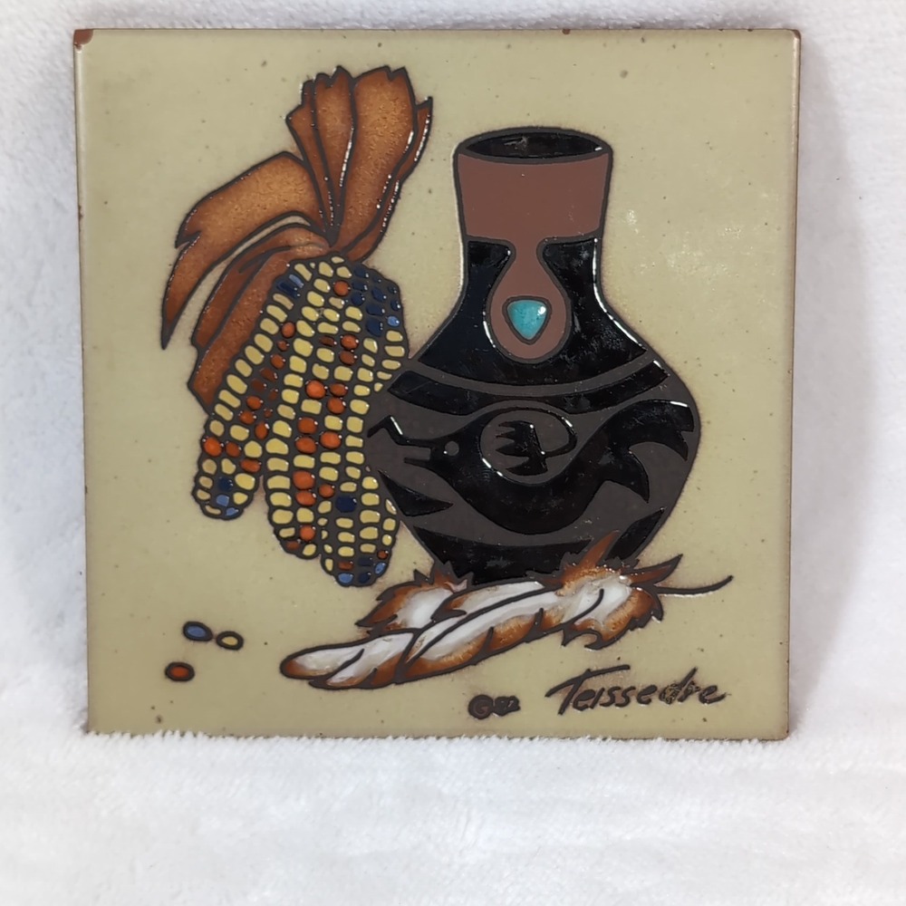 Cleo Teissedre Ceramic Tile‎ Trivet Southwestern Native American 6x6 Signed 1982